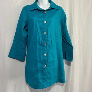 Evelyne Talman Teal Linen Boho Chic Button-Back Tunic – Size L